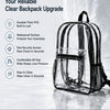 A clear transparent PVC backpack with a mesh pocket and black strap is shown on a white surface.