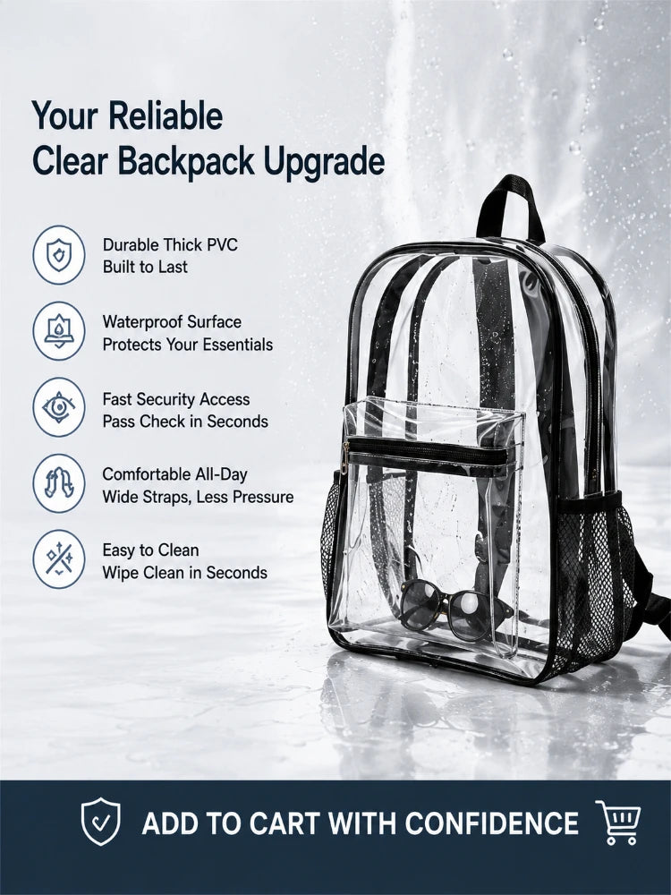A clear transparent PVC backpack with a mesh pocket and black strap is shown on a white surface.