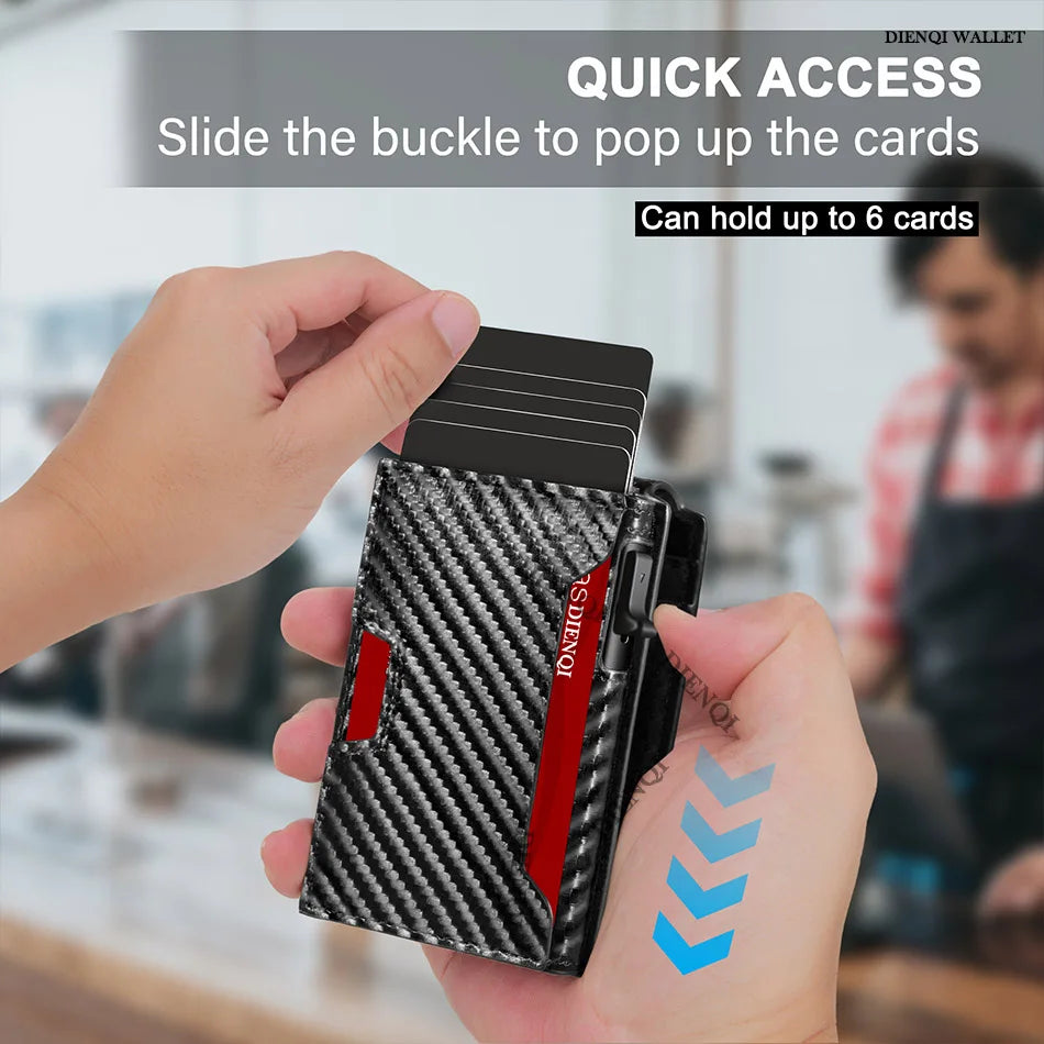 A hand holds a black carbon fiber slim wallet with a sliding buckle mechanism for quick access to cards.
