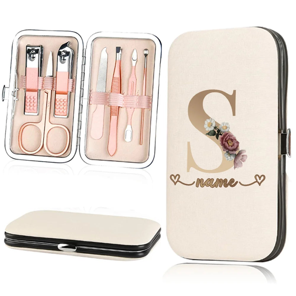 A beige cosmetic case holds a stainless steel nail clipper set and a large matching cosmetic pouch.