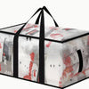 A clear storage bin with a black handle and lid, featuring a white background with red accents.