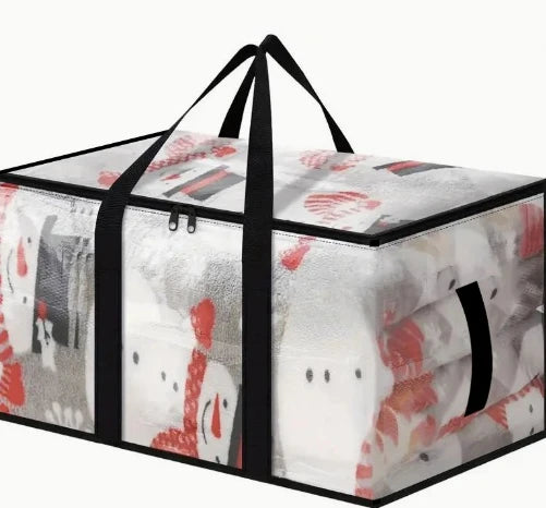 A clear storage bin with a black handle and lid, featuring a white background with red accents.