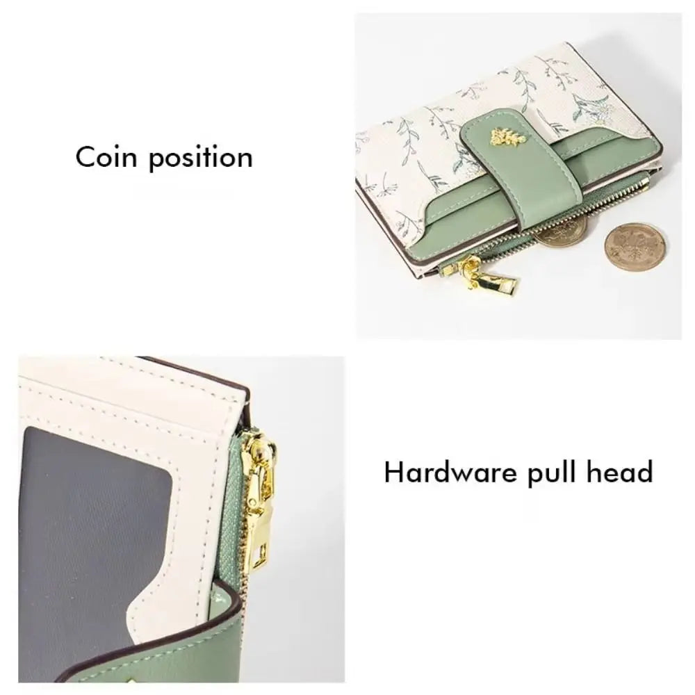 A light green and white fashion PU leather slim card holder wallet shown in various positions.