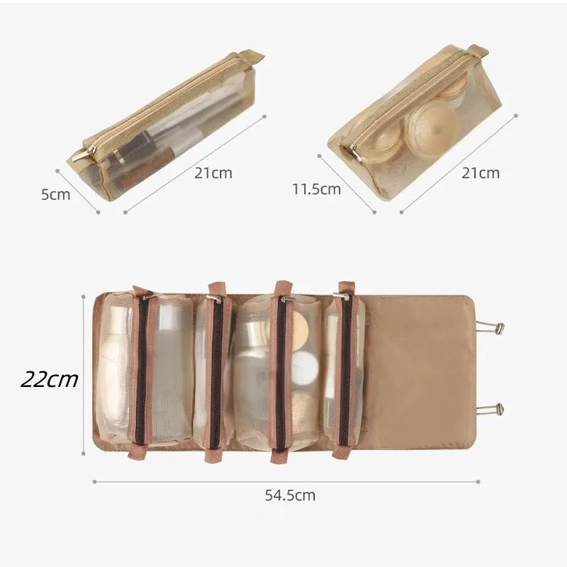 A portable detachable makeup bag shown in various angles and dimensions.