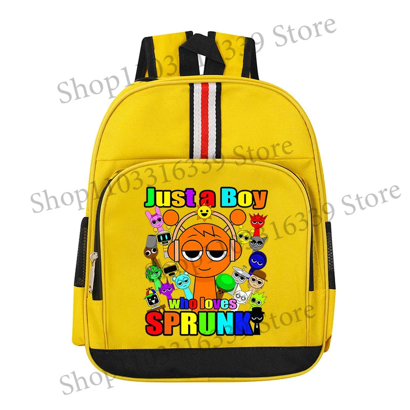 A yellow cartoon anime backpack featuring a character design with headphones and the text Just a Boy who loves Sprunk