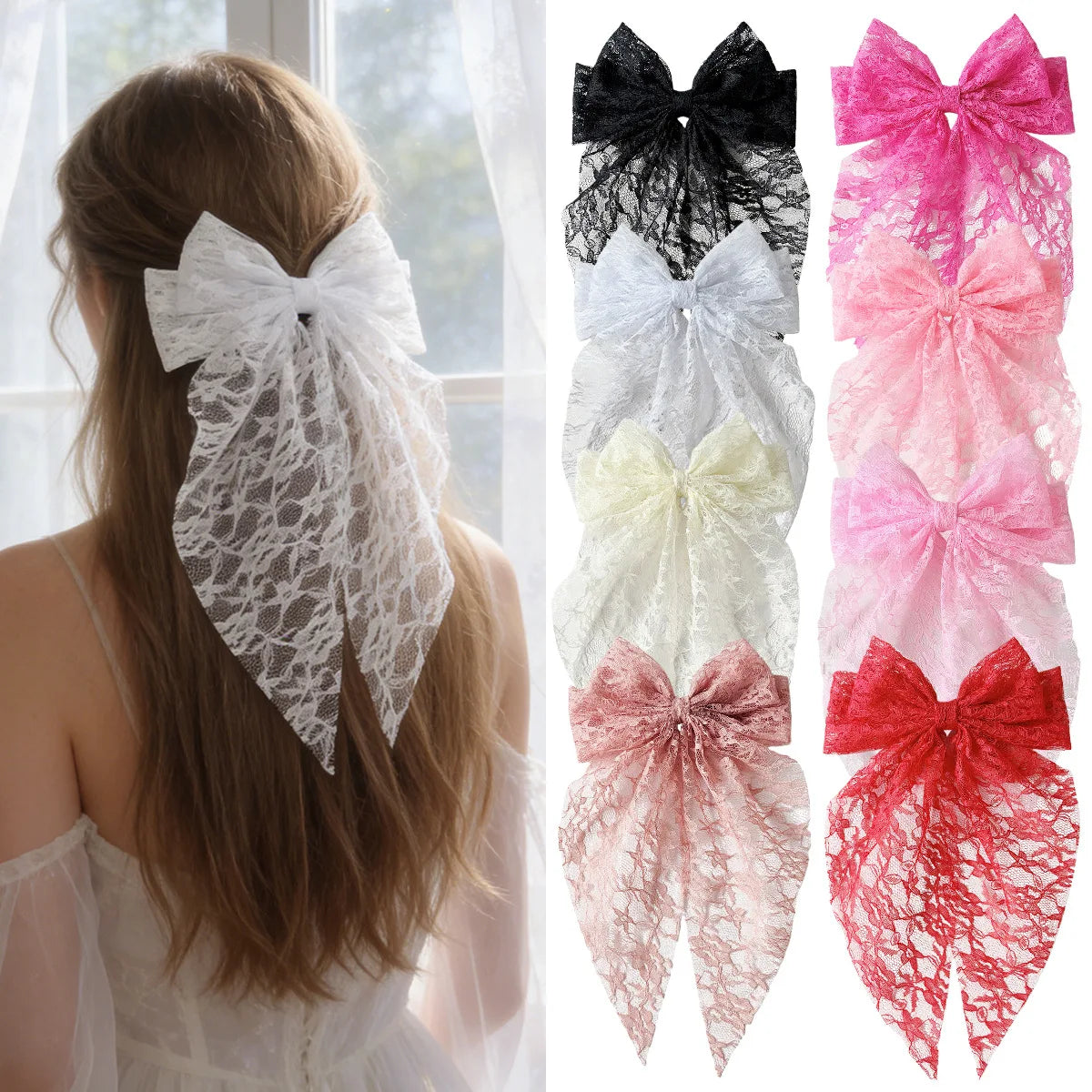 Eine Sammlung eleganter Spitzenbinden für die Haare in Schwarz, Weiß, Pink und Rot.