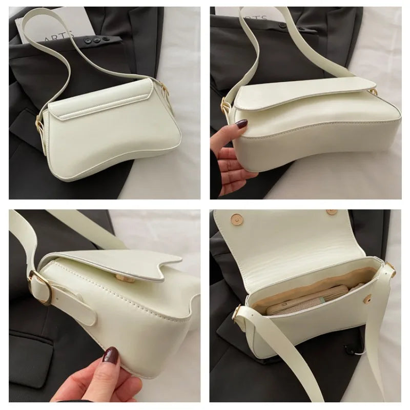 A cream colored vintage curved flap shoulder bag shown in multiple angles against a dark background.