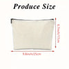Pochette de maquillage beige avec fermeture éclair, mesurant 25 cm par 17 cm.