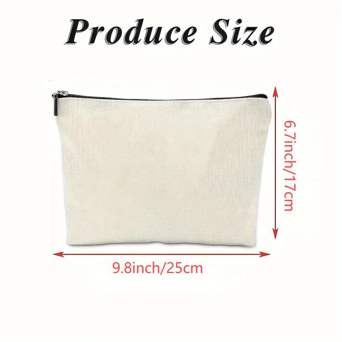 Pochette de maquillage beige avec fermeture éclair, mesurant 25 cm par 17 cm.