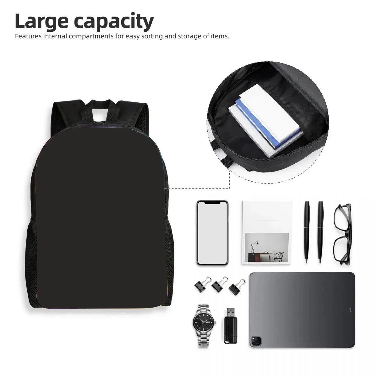 A black backpack and accessories including a laptop, notebook, and watch are shown.