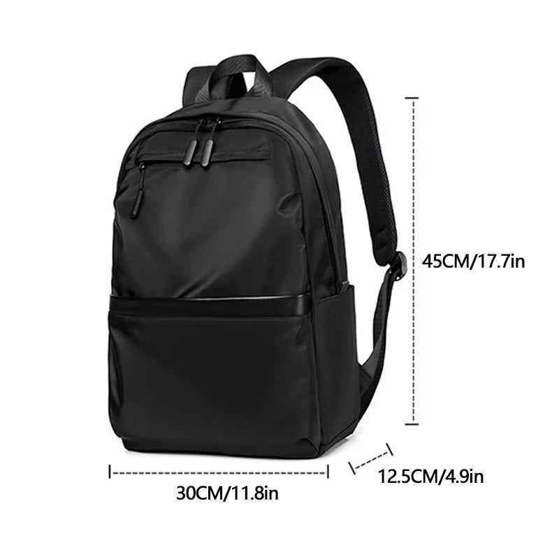 Black men's ultralight waterproof laptop backpack shown from the side with dimensions.