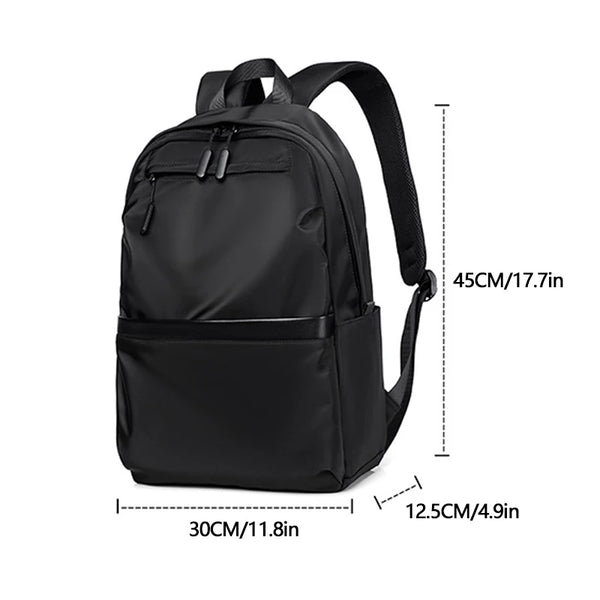 Black men's ultralight waterproof laptop backpack shown from the side with dimensions.
