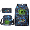 A dark blue and black Minecraft themed backpack featuring a green Minecraft character design.