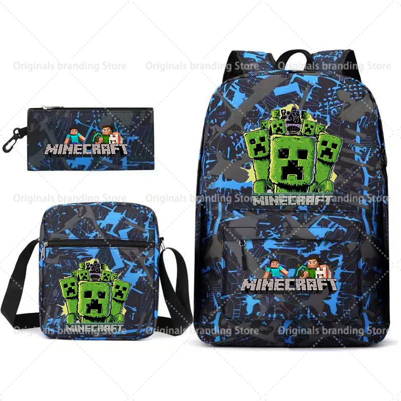 A dark blue and black Minecraft themed backpack featuring a green Minecraft character design.