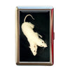 A vintage metal card holder displaying a photograph of a white laboratory mouse.