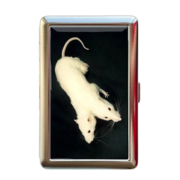 A vintage metal card holder displaying a photograph of a white laboratory mouse.
