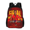 A black backpack featuring a graphic of a soccer player celebrating with a Spanish flag background.
