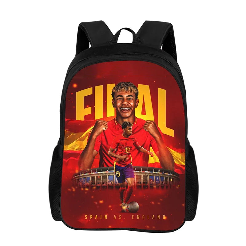 A black backpack featuring a graphic of a soccer player celebrating with a Spanish flag background.
