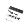 A black 7-port USB splitter hub with individual on/off switches and a white version.