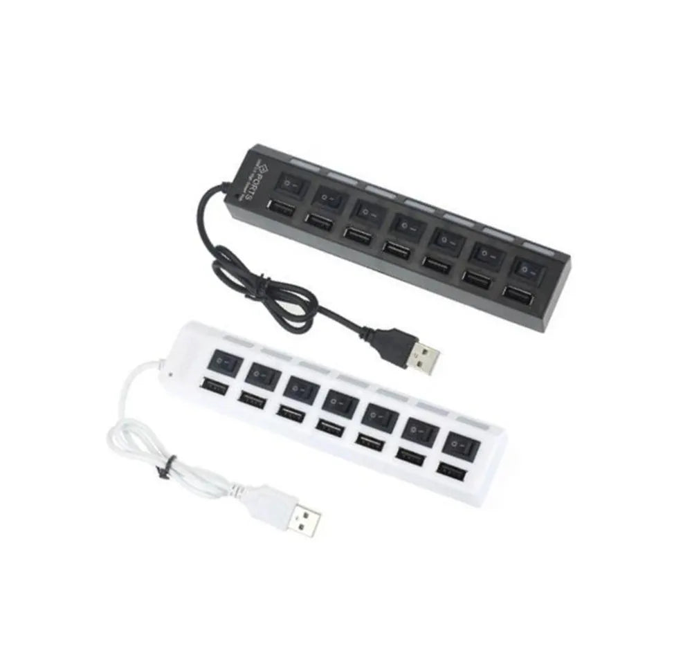 A black 7-port USB splitter hub with individual on/off switches and a white version.