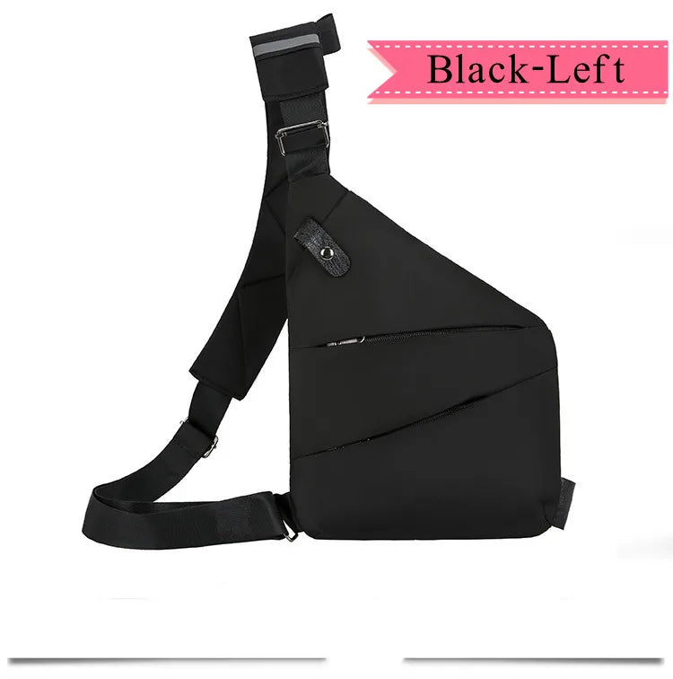 Black anti-theft crossbody chest bag for men with adjustable strap and buckle.