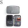 A gray multi-pocket waterproof travel document organizer with a hinged cover and an open interior showing various slots and p