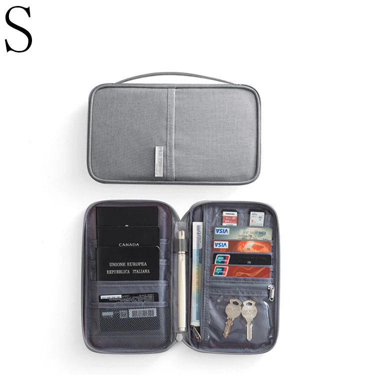 A gray multi-pocket waterproof travel document organizer with a hinged cover and an open interior showing various slots and p