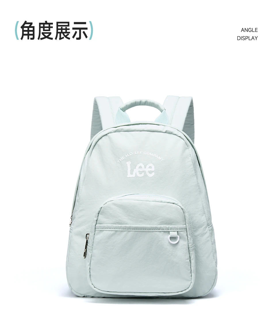 Light gray backpack shown in angle display with a tablet compartment.
