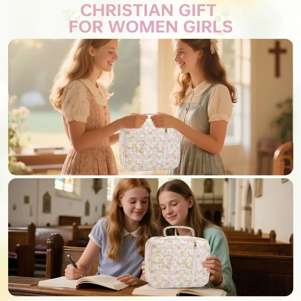 Two girls hold a quilted floral Bible cover with pen holder in a church setting.