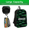 A black backpack featuring a green leaf pattern, shown next to a stack of books.