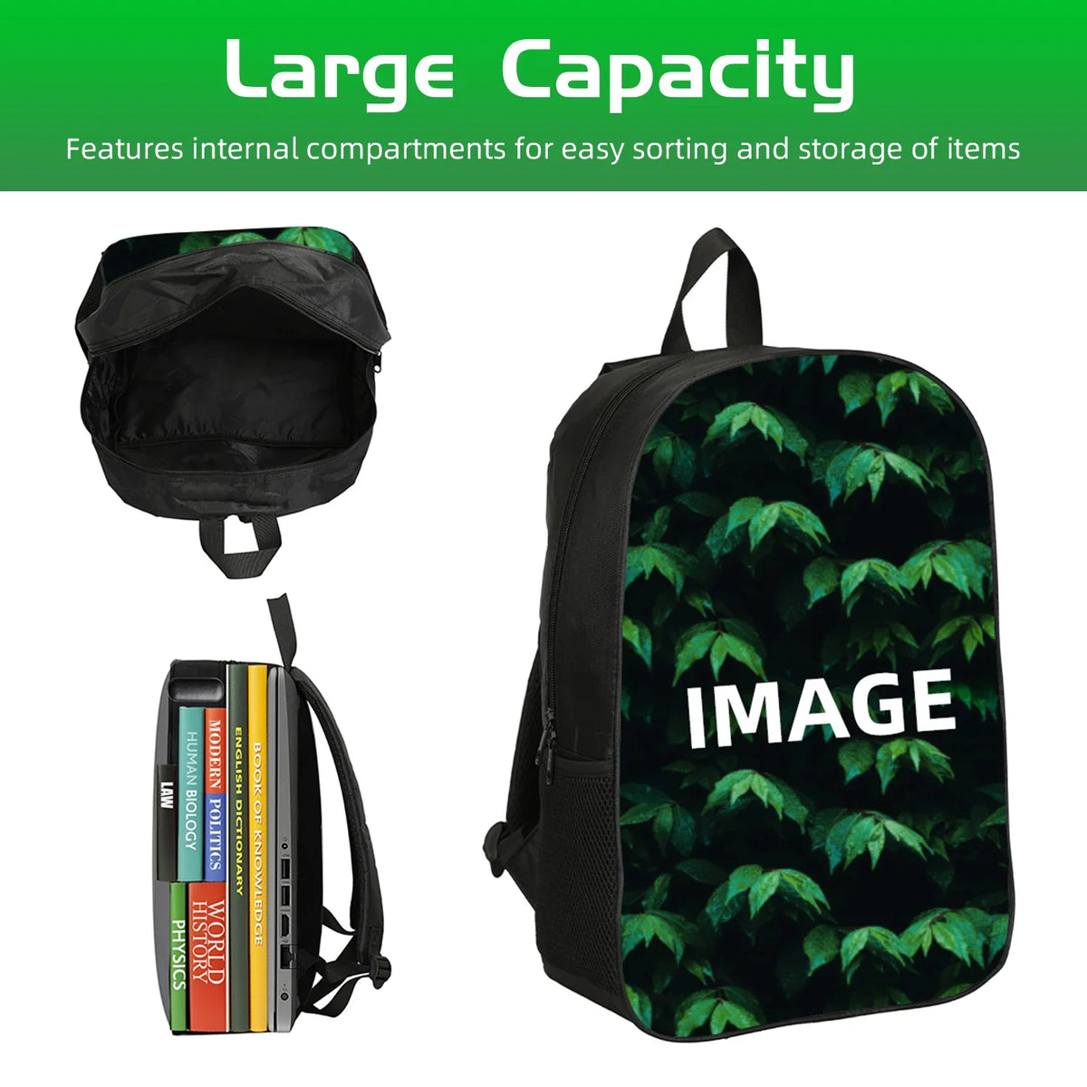 A black backpack featuring a green leaf pattern, shown next to a stack of books.
