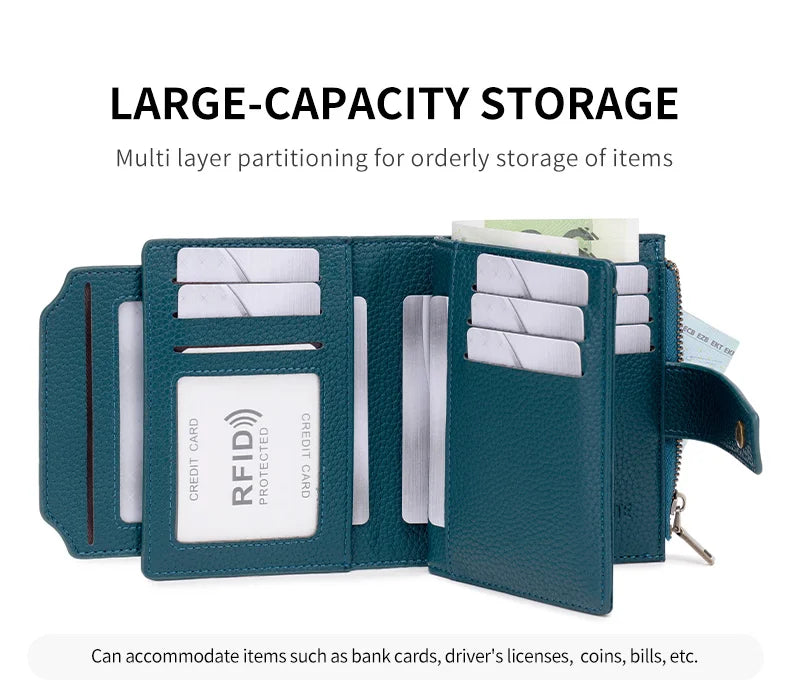 A dark green RFID blocking bi-fold card holder wallet showing multiple slots for various items like cards and coins.