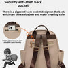 A beige nylon travel backpack showing a zippered back pocket design and a hidden zipper for secure storage.