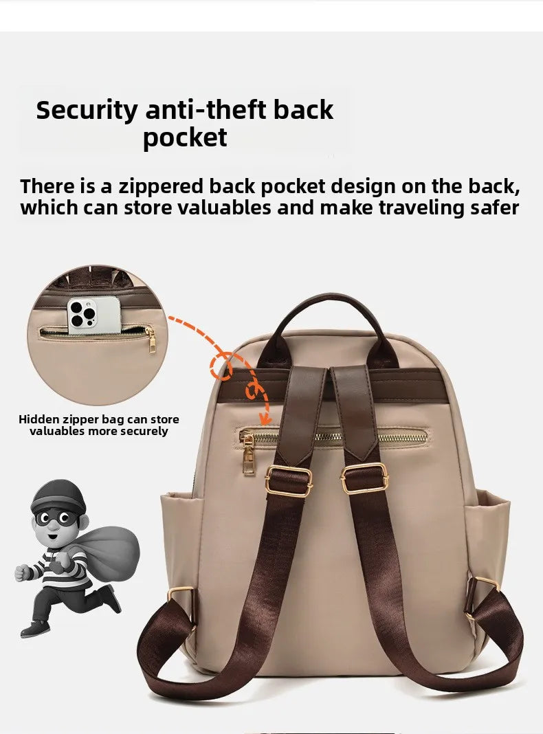 A beige nylon travel backpack showing a zippered back pocket design and a hidden zipper for secure storage.