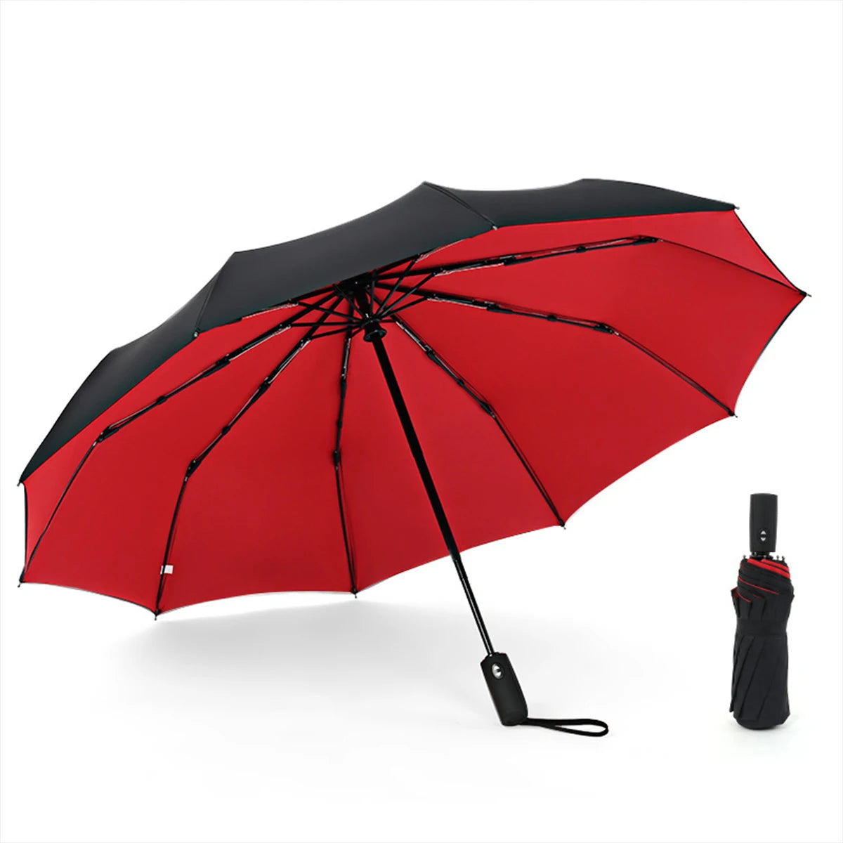 A red and black heavy-duty windproof automatic umbrella open against a white background.