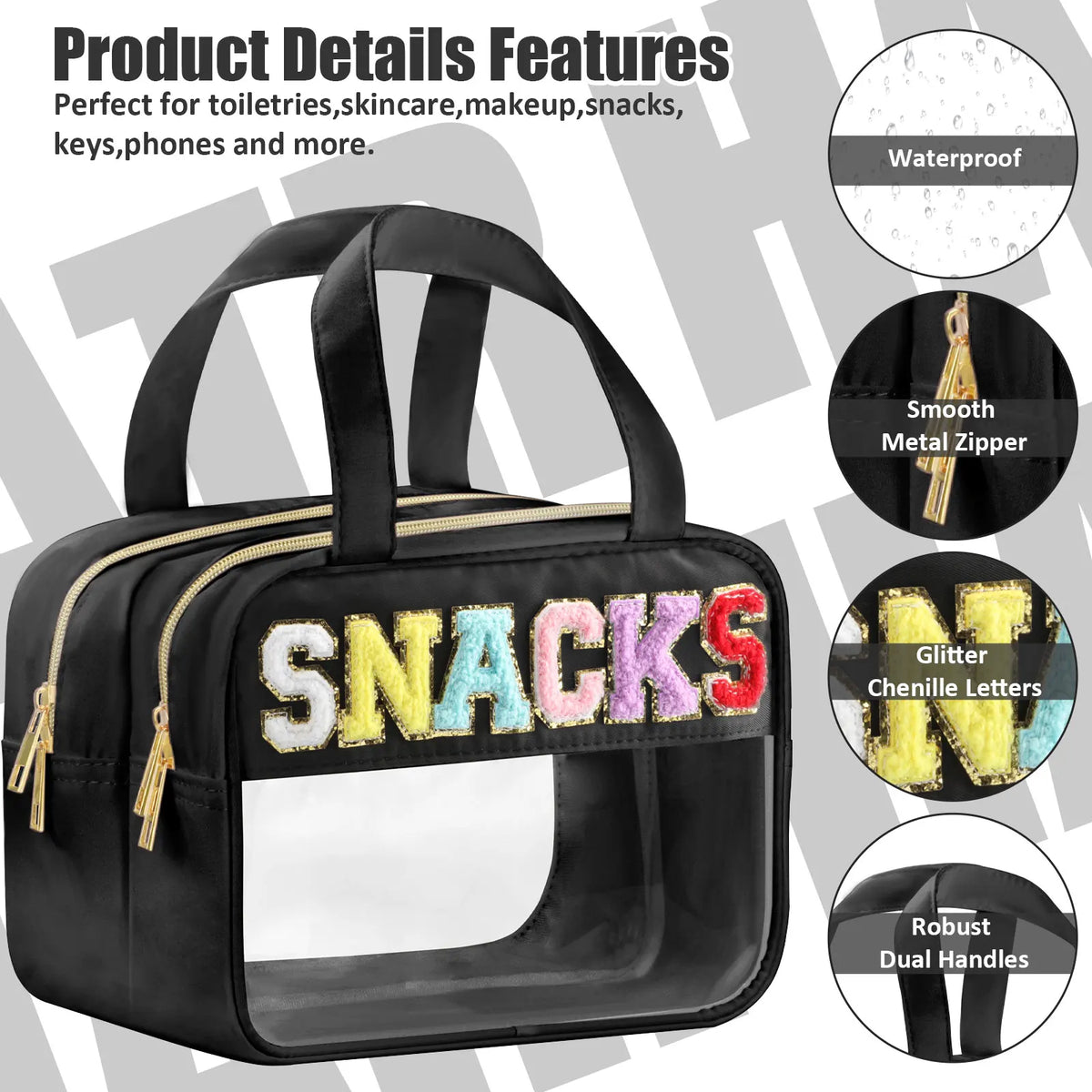 Black waterproof makeup bag featuring glitter chenille letters and dual handles
