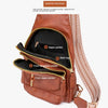 A brown PU leather crossbody sling bag showing various internal pockets and a woven strap.