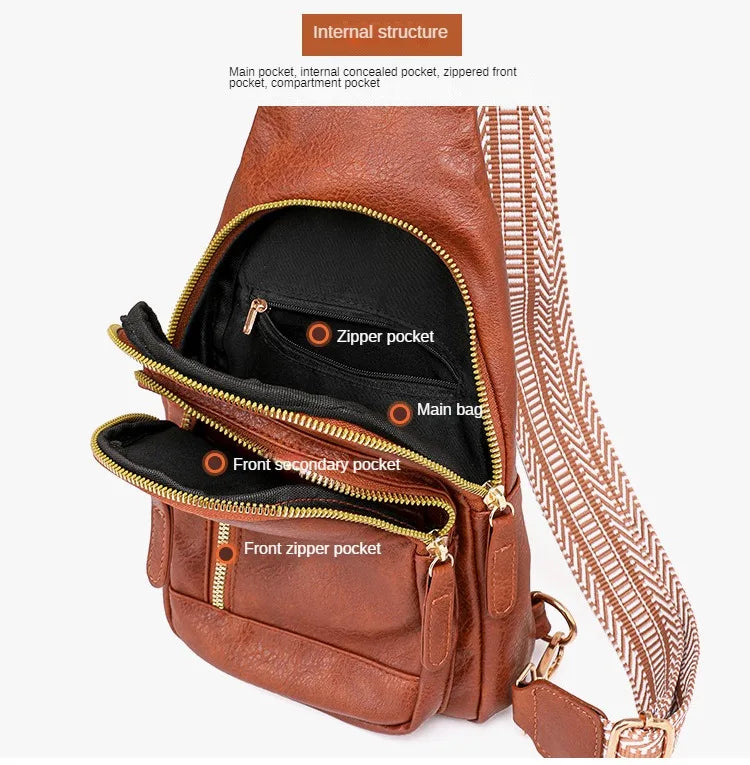 A brown PU leather crossbody sling bag showing various internal pockets and a woven strap.