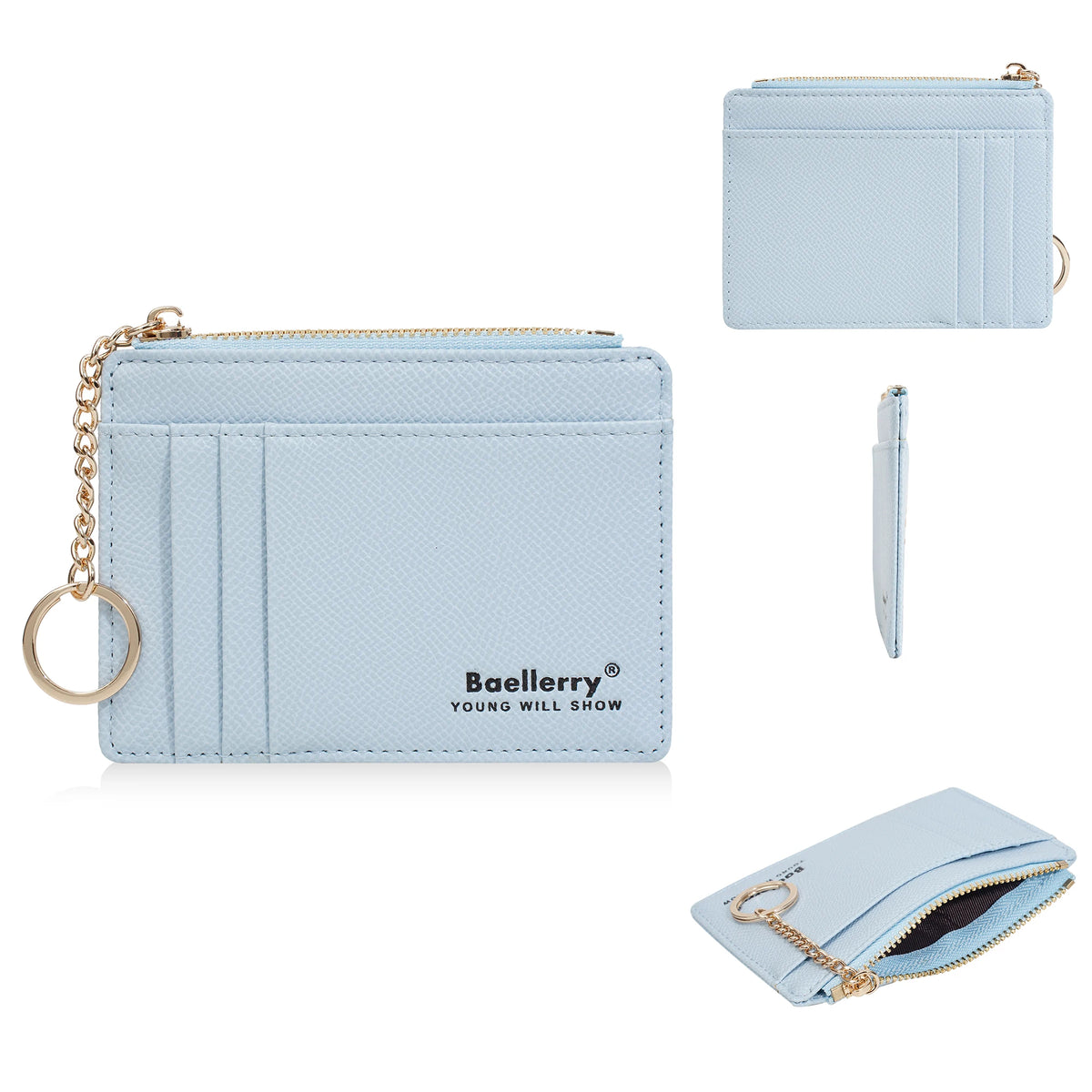 Light blue Baellerry card holder wallet with a gold chain and coin pocket shown in multiple views.