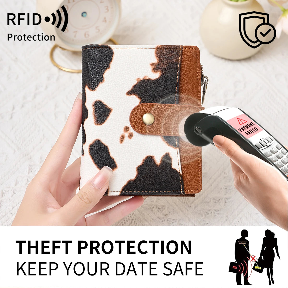 A hand holds a brown and white patterned wallet with RFID protection features, demonstrating theft protection for data safety