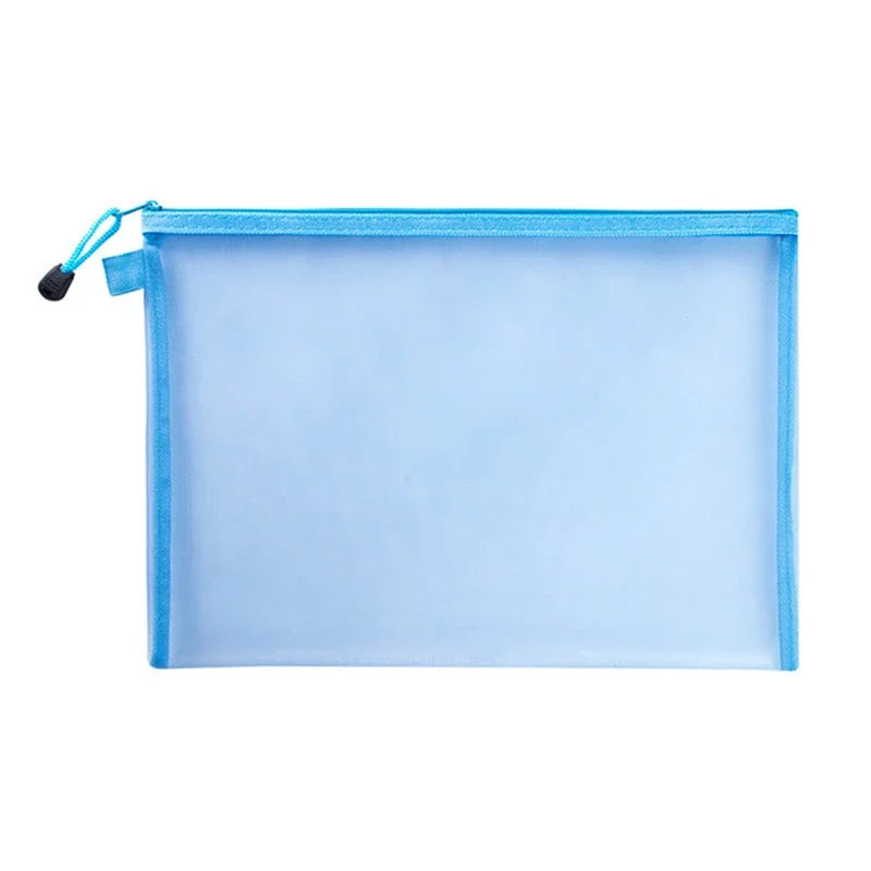 Light blue clear mesh zipper pouch for storing documents or small items