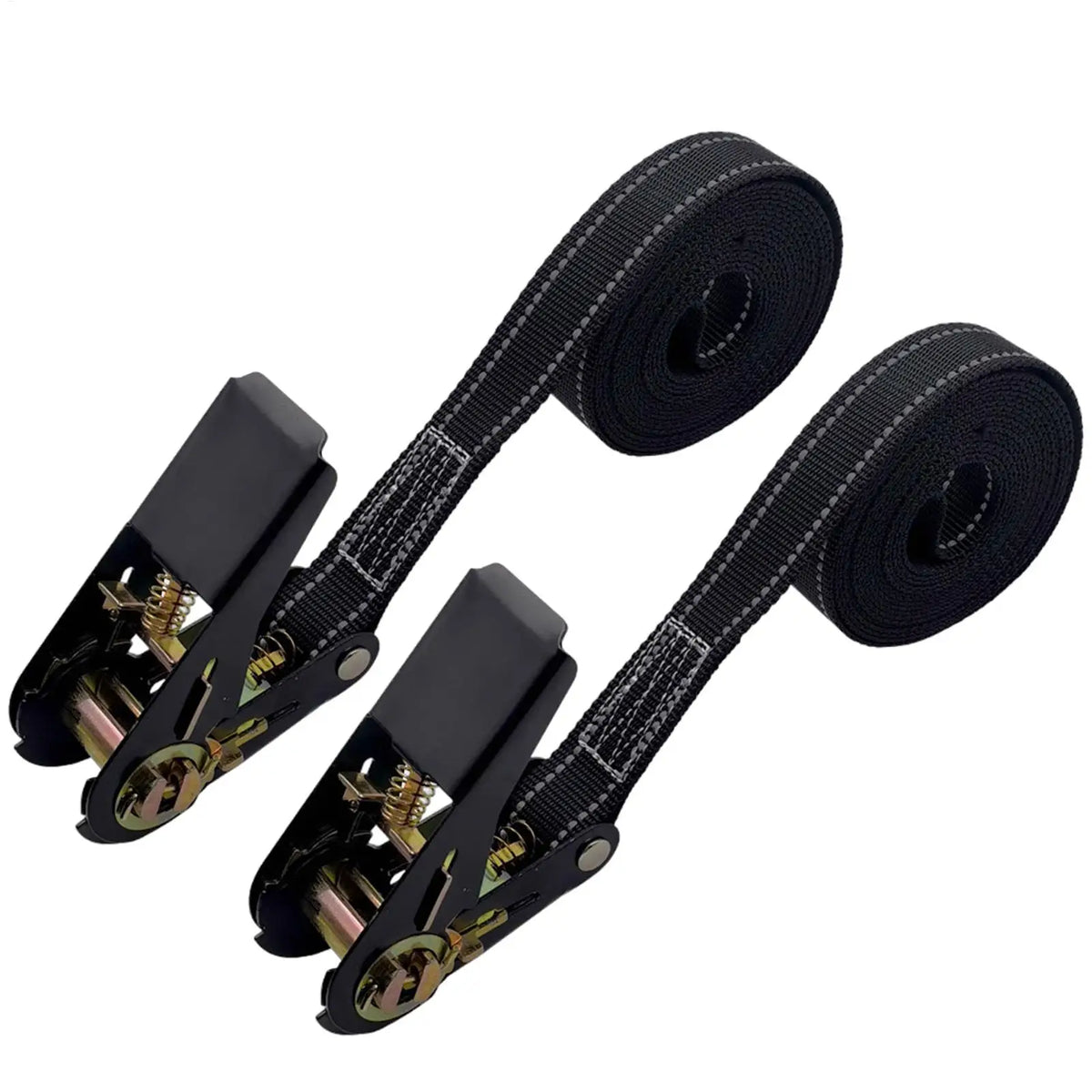 Black heavy duty ratchet tie-down straps with coiled webbing and metal hardware