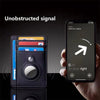 A black RFID blocking card holder wallet is shown next to a smartphone displaying an unobstructed signal feature.
