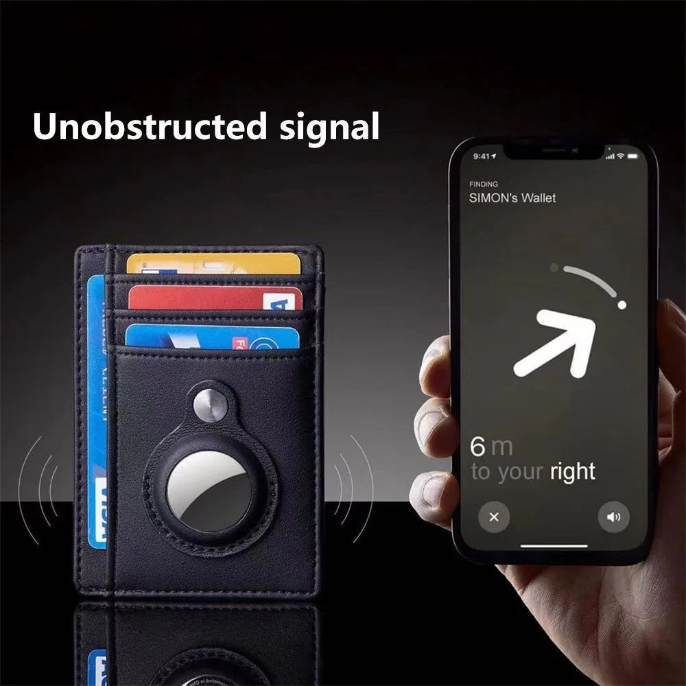 A black RFID blocking card holder wallet is shown next to a smartphone displaying an unobstructed signal feature.