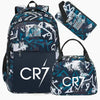 A dark blue and white sports laptop backpack with a black rain cover visible.