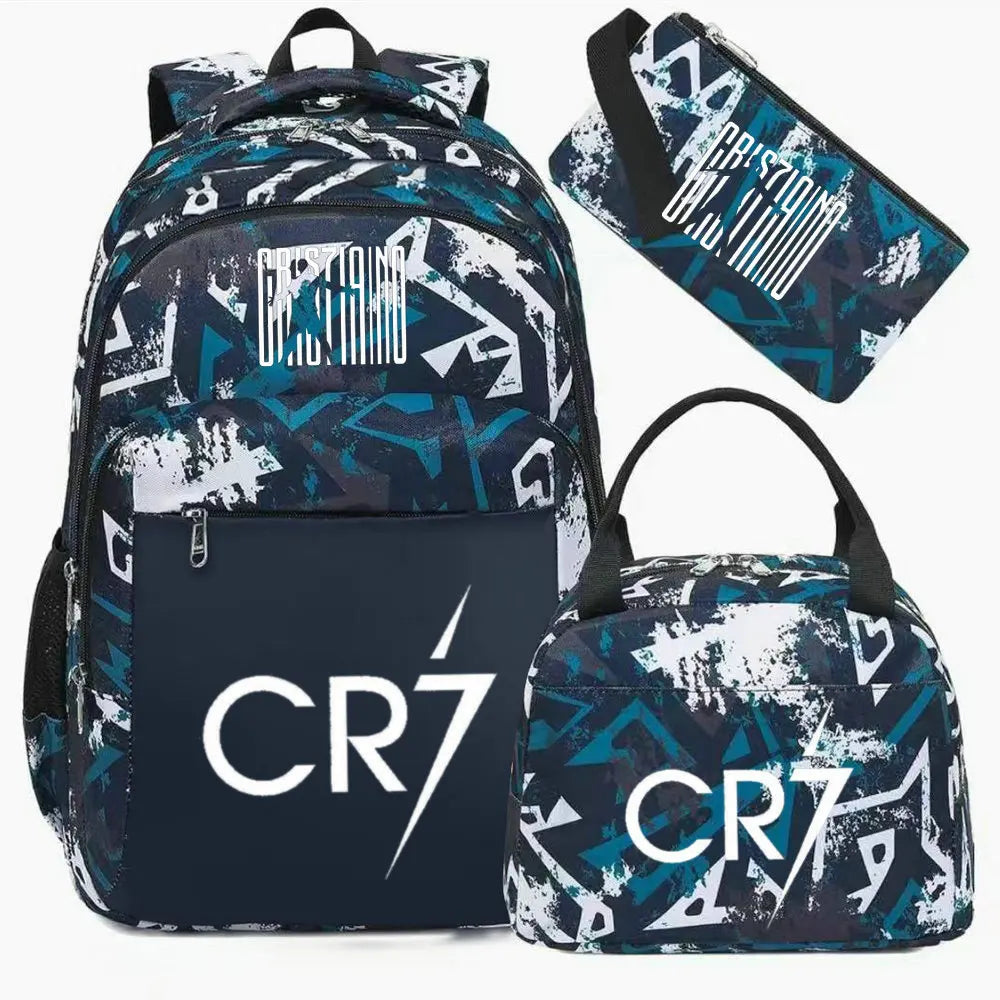 A dark blue and white sports laptop backpack with a black rain cover visible.