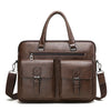 A brown men's PU leather business briefcase bag with a top handle and multiple compartments.