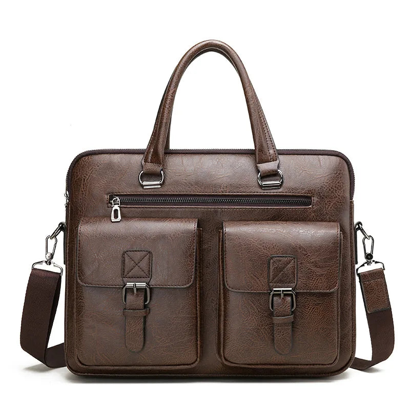 A brown men's PU leather business briefcase bag with a top handle and multiple compartments.