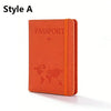 Orange passport holder with a leather-like texture and a stitched design.
