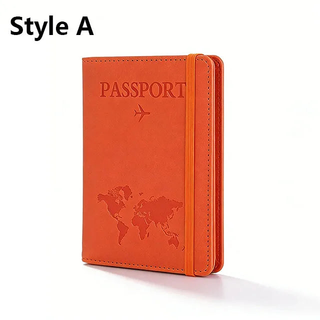 Orange passport holder with a leather-like texture and a stitched design.